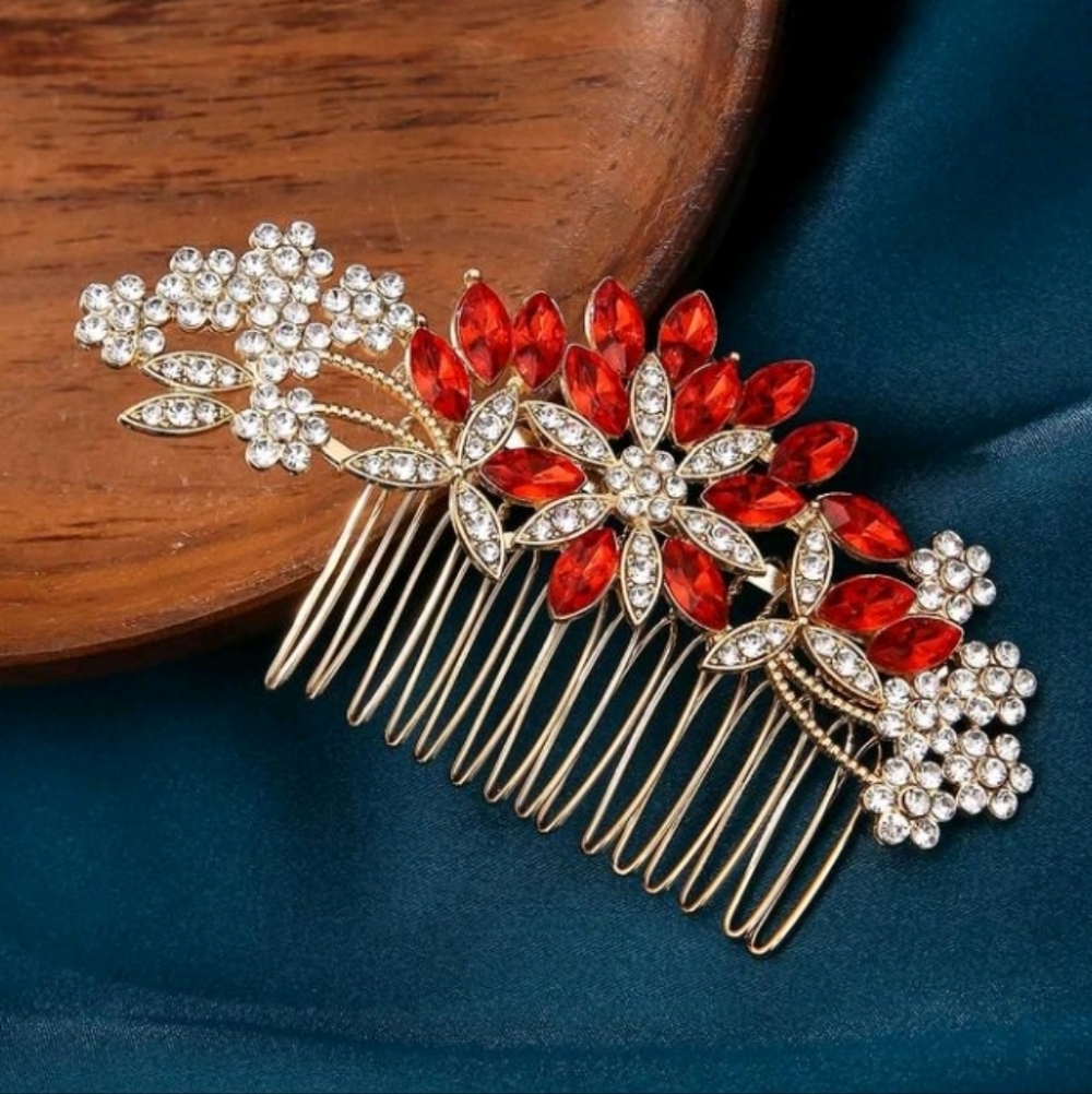 Bridal Comb Red Golden Rhinestone Floral Wedding Hair Comb